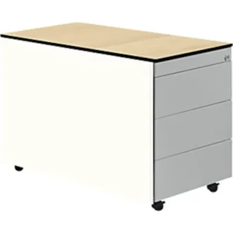 Schubladencontainer m.Rollen, 573x800, HPL-Vollkernpl., 3 Schubl.,weiß/alu/Ahorn